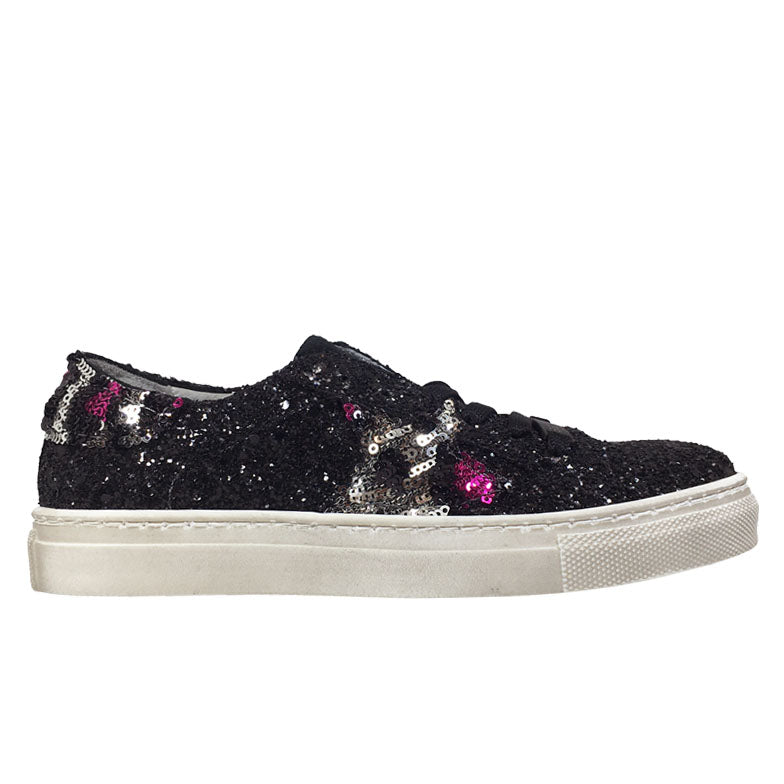 Sneakers in glitter con stella in paillettes animalier