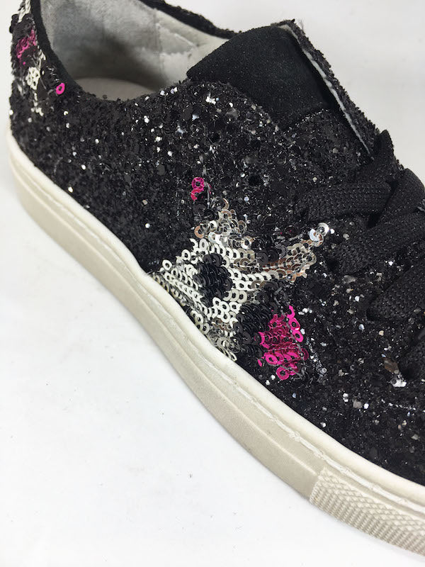 Sneakers in glitter con stella in paillettes animalier